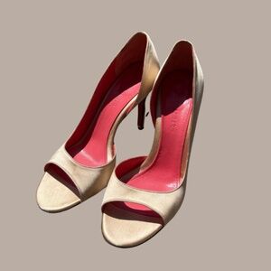 Judith Leiber Champagne Satin Peep Toe Heels 9